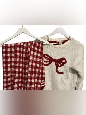 Cozy Cream Pajama Sweater with Red Bow & Red-White Checkered pants